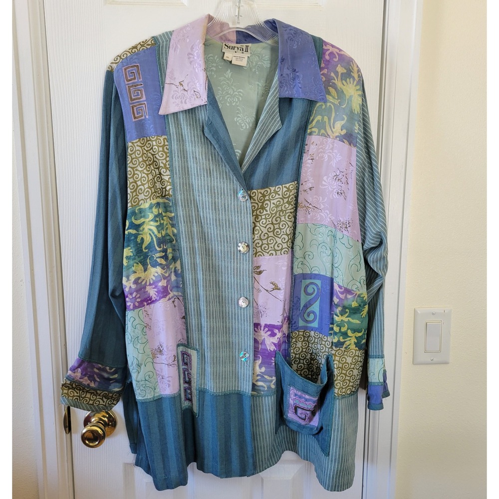 Surya II Womens 0X Patchwork Button Front Shirt Rayon Boho Blue‎ Purple Vintage
